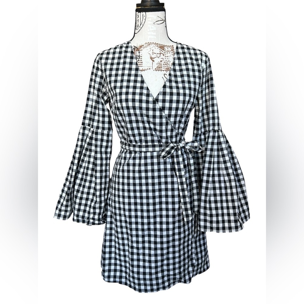 JACK by BB Dakota Black and White Checkered Mini Wrap Dress size XS